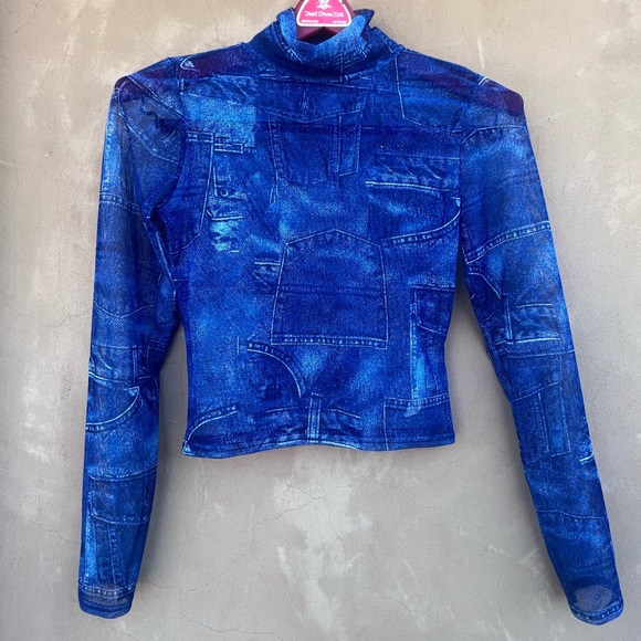 Nasty Gal Collection Sheer Long Sleeve Jean Print Top size 6 - Picture 2 of 7